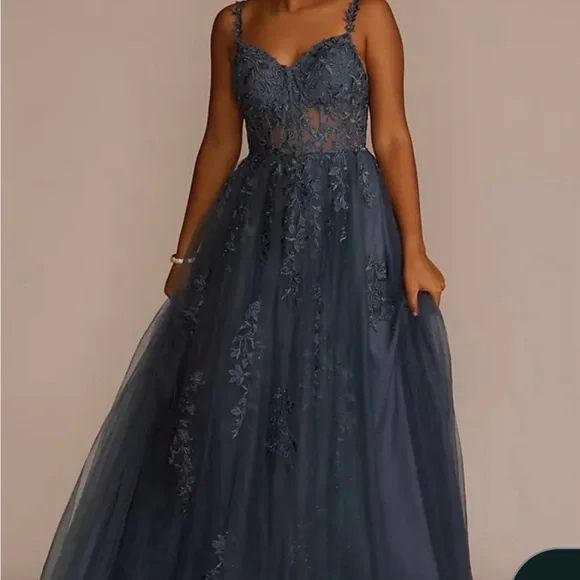 David's Bridal Navy Lace Prom Dress - Picture 1 of 3